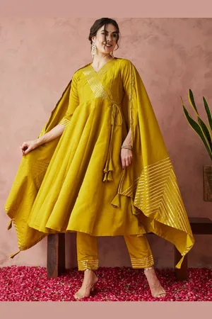 RAJGRANTH Striped Gotta Patti Pure Silk Angrakha Anarkali Kurta With Trousers & Dupatta