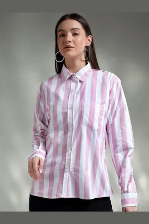 KOTTY Women Spread Collar Striped Cotton Casual Shirt