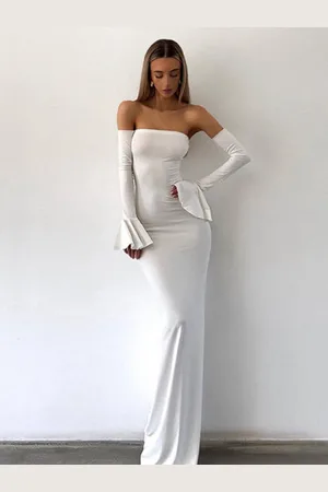 HERE&NOW Women Off-Shoulder Bell Sleeves Maxi Dress