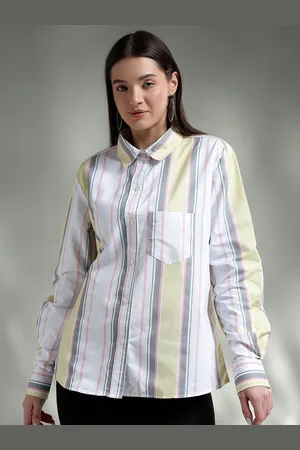 KOTTY Women Spread Collar Vertical Striped Cotton Oversized Casual Shirt