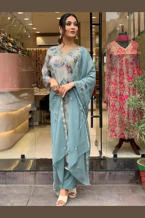 HERE&NOW Women Embroidered Regular Thread Work Kurti with Trousers & With Dupatta