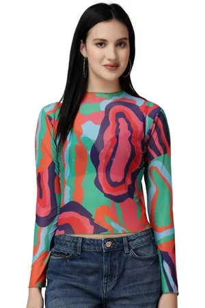 Popwings Women Geometric Printed Boat Neck Fitted Crop Top