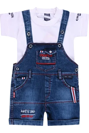 Wish Karo Infant Boys Embroidered Cotton Dungarees With Printed T-shirt