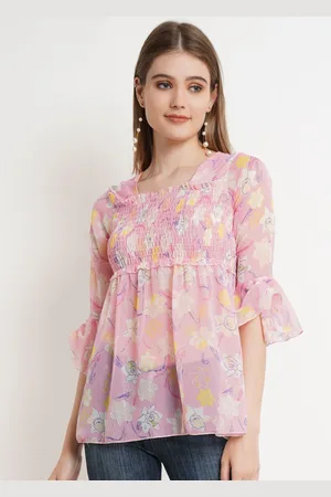 Popwings Women Floral Printed Bell Sleeve Chiffon Peplum Top
