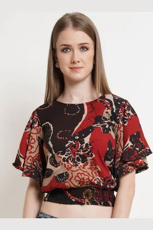 Popwings Women Geometric Print Smocked Crop Top