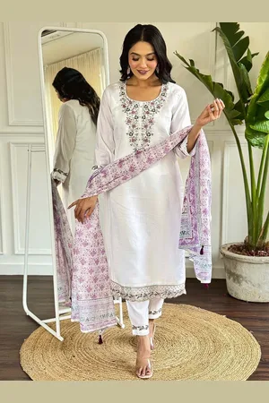 Lilots Floral Embroidered Sequinned Chanderi Silk Straight Kurta With Trouser And Dupatta
