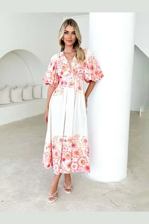 JC Mode Women Floral Printed V-Neck Puffed Sleeve Empire Midi Dress