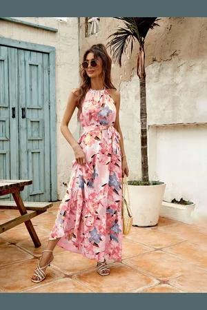 JC Mode Women Floral Printed Halter Neck Maxi Dress