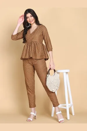 HERE&NOW Printed V-Neck Three-Quarter Sleeves Pure Cotton Top & Trouser