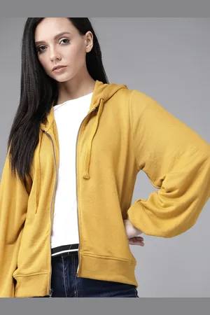 Roadster Women Mustard Yellow Solid Hooded Sweatshirt