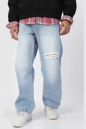 URBANO Men Pure Cotton Loose Relaxed Fit Slash Knee Heavy Fade Jeans