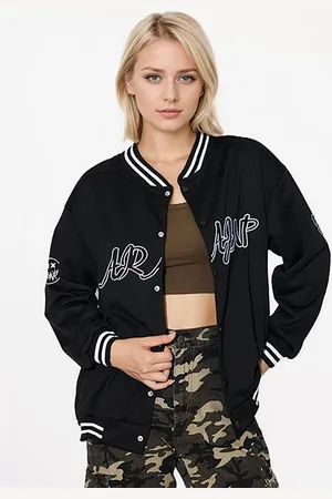 JC Mode Women Stand Collar Typography Printed Casual Varsity Jacket