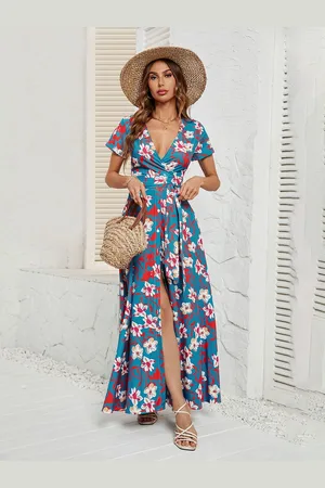 JC Mode Women Floral Printed Flutter Sleeve Wrap Maxi Dress
