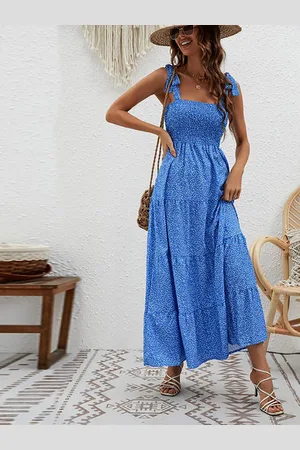 JC Mode Women Polka Dot Printed Smocked Shoulder Straps Fit and Flare Maxi Dress