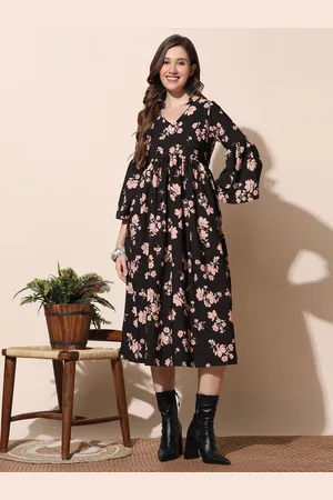 Moda Rapido Women Floral Printed Bell Sleeve Crepe A-Line Midi Dress