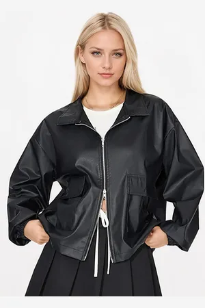 JC Mode Women Spread Collar Solid Casual Leather Jacket