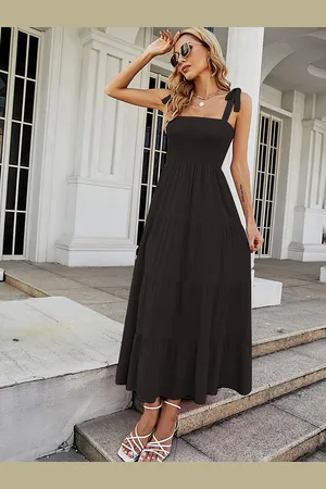 JC Mode Women Shoulder Straps Smocked Sleeveless Maxi Dress