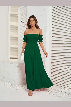 JC Mode Women Smocked Strapless Bell Sleeves Bandeau Maxi Dress