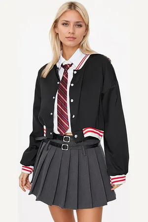 JC Mode Women Stand Collar Solid Casual Varsity Jacket