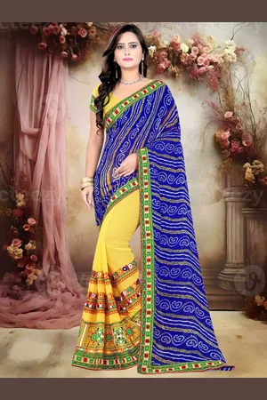 RAJGRANTH Bandhani Embroidered Pure Georgette Half and Half Bandhani Saree