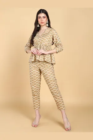 HERE&NOW Printed V-Neck Three-Quarter Sleeves Pure Cotton Top & Trouser