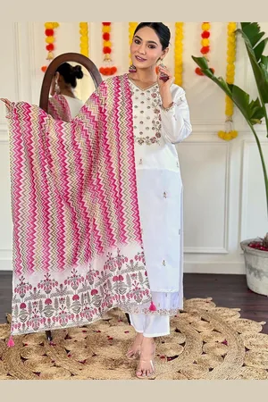 Lilots Floral Embroidered Sequinned Chanderi Silk Straight Kurta With Trouser And Dupatta