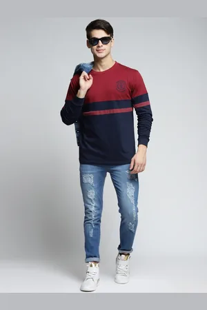 Difference of Opinion Men Maroon Navy Blue Colourblocked Round Neck Pure Cotton T-shirt