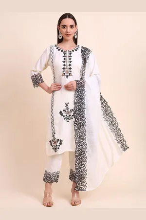 HERE&NOW Floral Embroidered Round Neck Pure Cotton Straight Kurta With Trouser And Dupatta
