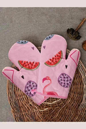 Kuber Industries Pink 2 Pieces Duck Printed Pure Cotton Insulated Heat Proof Oven Gloves