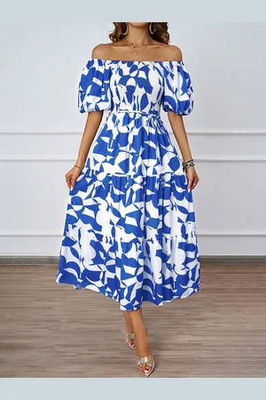 JC Mode Women Floral Printed Off-Shoulder Puffed Sleeve Fit & Flare Midi Dress