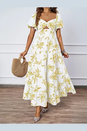 JC Mode Women Floral Printed Sweetheart Neck Puff Sleeve Maxi Dress With Cut-Outs Details