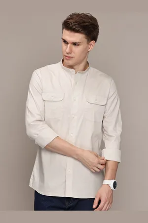 French Connection Men Premium Band Collar Solid Cotton Slim Fit Casual Shirt