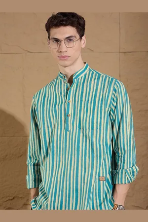 DENNISON Striped Printed Pure Cotton Band Collar Straight Kurta