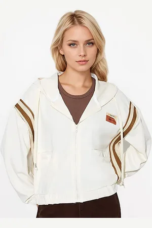 JC Mode Women Hooded Striped Embroidered Casual Bomber Jacket
