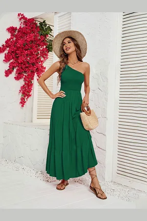 JC Mode Women One Shoulder Smocked Tiered Fit & Flare Midi Dress