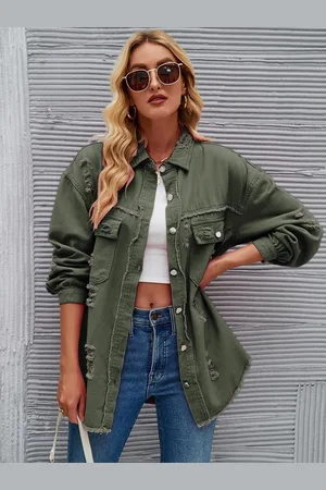 JC Mode Women Spread Collar Self Design Casual Denim Jacket