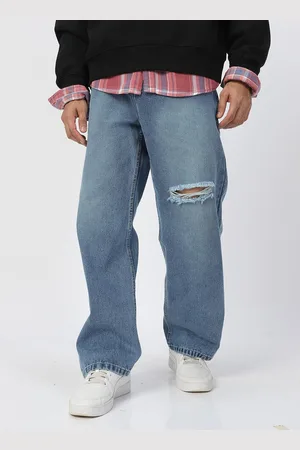 URBANO Men Pure Cotton Loose Relaxed Fit Slash Knee Heavy Fade Jeans