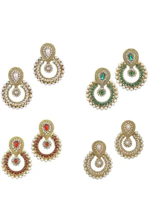 DIVASTRI Set of 4 Gold-Plated Artificial Stones Studded And Beaded Crescent Drop Earrings