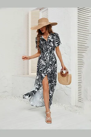 JC Mode Women Tropical Printed Maxi Shirt Dress With Slits Detail
