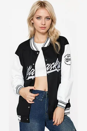 JC Mode Women Stand Collar Typography Printed Casual Varsity Jacket