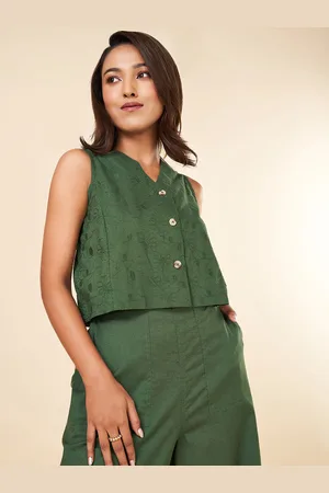 Pantaloons Women Embroidered Cotton V-neck Top