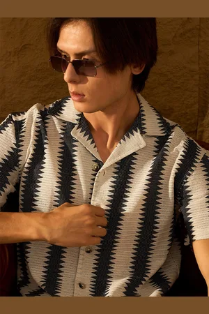 DENNISON Relaxed Vertical Striped Printed Cuban Collar Oversized Cotton Crochet Shirt