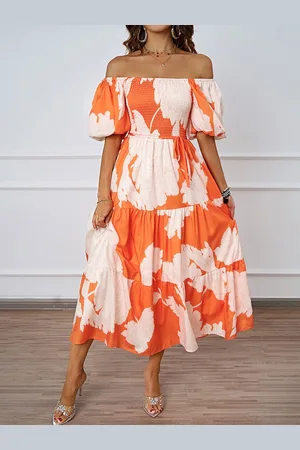 JC Mode Women Floral Print Off-Shoulder Puff Sleeves Fit & Flare Dress