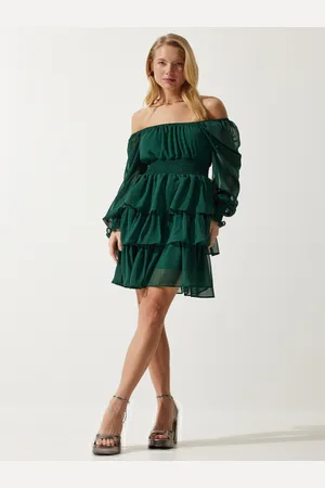 Happiness istanbul Off-Shoulder Cuffed Sleeve Layered Fit & Flare Dress