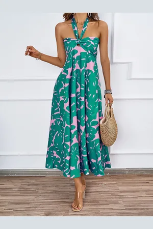 JC Mode Women Tropical Printed Halter Neck A-Line Dress