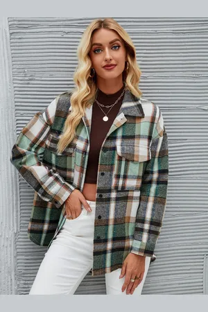 JC Mode Women Checked Spread Collar Oversized Shackets