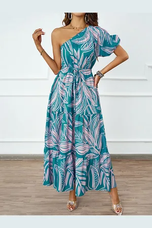 JC Mode Women Tropical Printed Flutter Sleeve Fit and Flare Maxi Dress