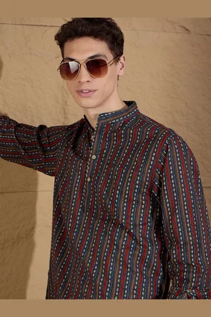 DENNISON Striped Printed Pure Cotton Band Collar Straight Kurta