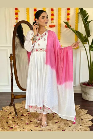 HERE&NOW Floral Embroidered Chander Silk Angrakha Anarkali Kurta With Trouser & Dupatta