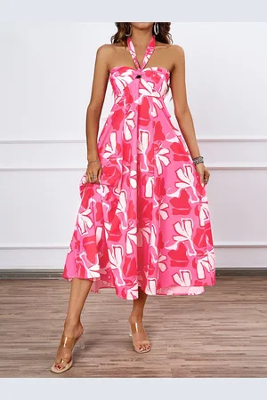 JC Mode Women Floral Print Halter Neck Fit and Flare Dress
